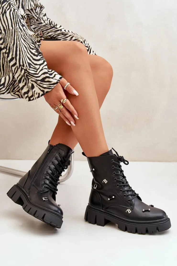 Boto Czarne Botki|Botki Płaskie*Botki Workery Damskie Z Ozdobami Eko Skórzane Czarne Cadenilla