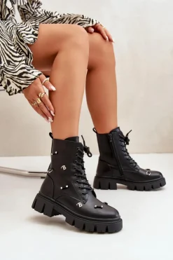 Boto Czarne Botki|Botki Płaskie*Botki Workery Damskie Z Ozdobami Eko Skórzane Czarne Cadenilla