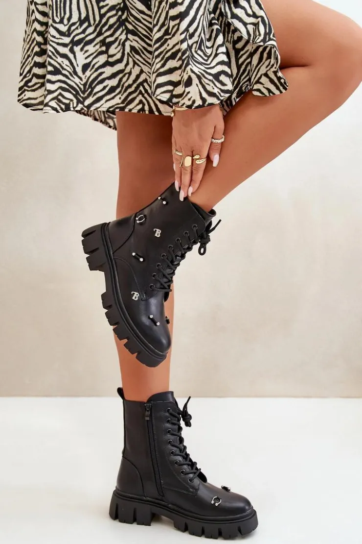 Boto Czarne Botki|Botki Płaskie*Botki Workery Damskie Z Ozdobami Eko Skórzane Czarne Cadenilla