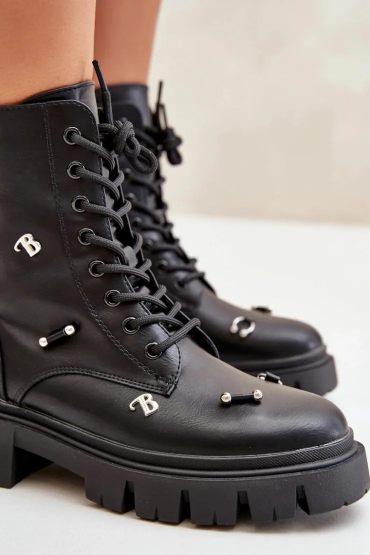 Boto Czarne Botki|Botki Płaskie*Botki Workery Damskie Z Ozdobami Eko Skórzane Czarne Cadenilla