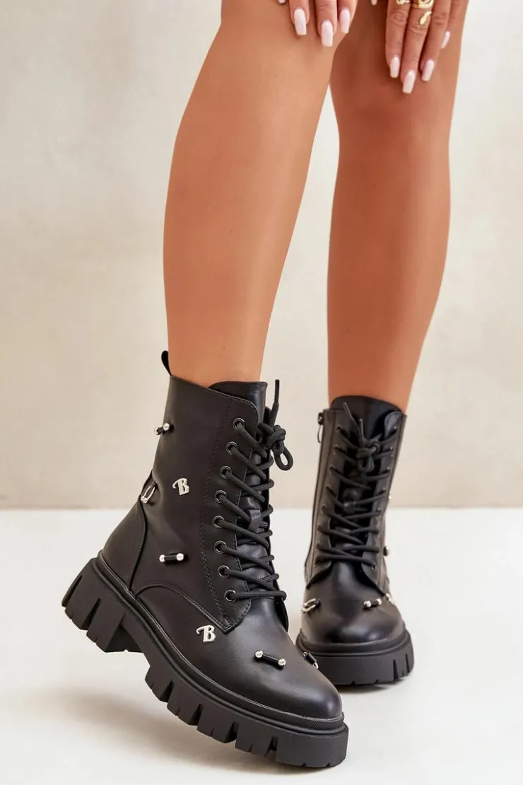 Boto Czarne Botki|Botki Płaskie*Botki Workery Damskie Z Ozdobami Eko Skórzane Czarne Cadenilla