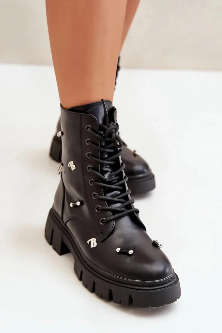 Boto Czarne Botki|Botki Płaskie*Botki Workery Damskie Z Ozdobami Eko Skórzane Czarne Cadenilla