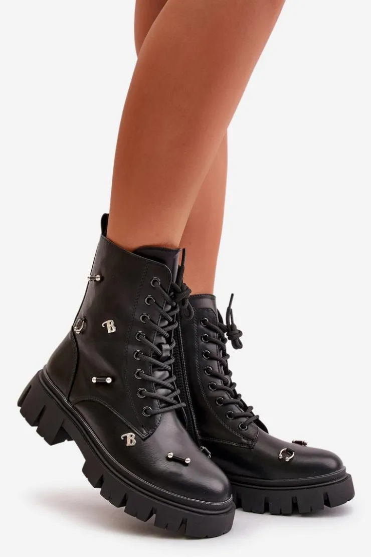 Boto Czarne Botki|Botki Płaskie*Botki Workery Damskie Z Ozdobami Eko Skórzane Czarne Cadenilla