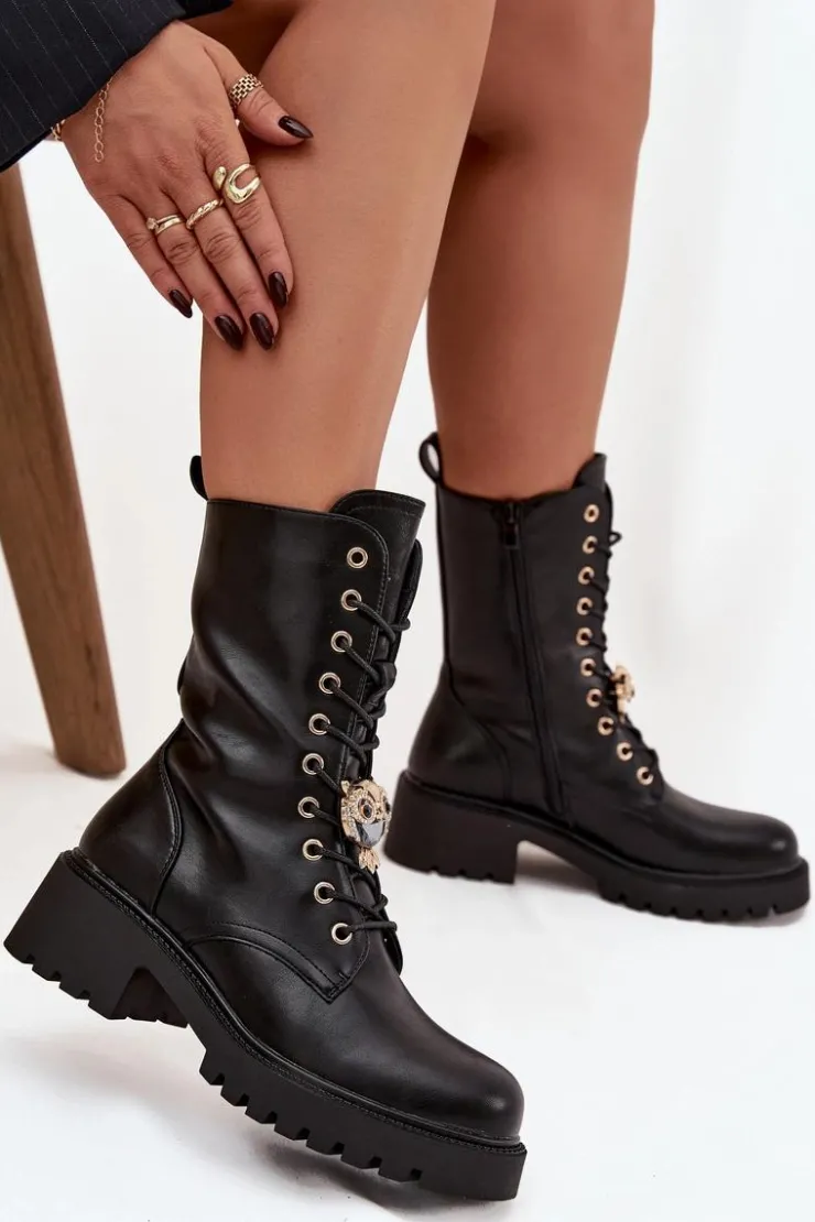 Boto Botki Sznurowane|Botki Płaskie*Botki Workery Damskie Z Ozdobą Czarne Jorayne Czarny