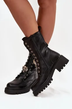 Boto Botki Sznurowane|Botki Płaskie*Botki Workery Damskie Z Ozdobą Czarne Jorayne Czarny