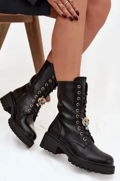 Boto Botki Sznurowane|Botki Płaskie*Botki Workery Damskie Z Ozdobą Czarne Jorayne Czarny