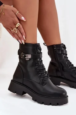 Boto Botki Ocieplane|Czarne Botki*Botki Workery Damskie Z Ozdobnym Paskiem Ocieplane Eko Skórzane Czarne Selita