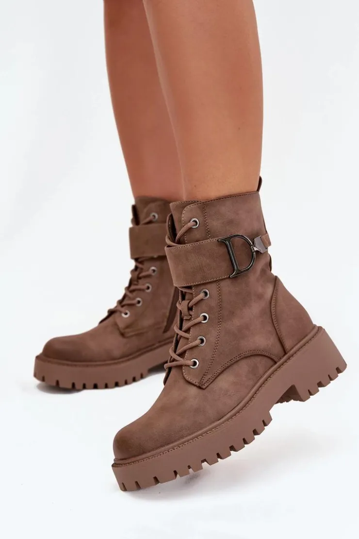 Boto Botki Ocieplane|Botki Sznurowane*Botki Workery Damskie Z Ocieplane Z Ozdobnym Paskiem Ciemnobeżowe Ulivine Beżowy