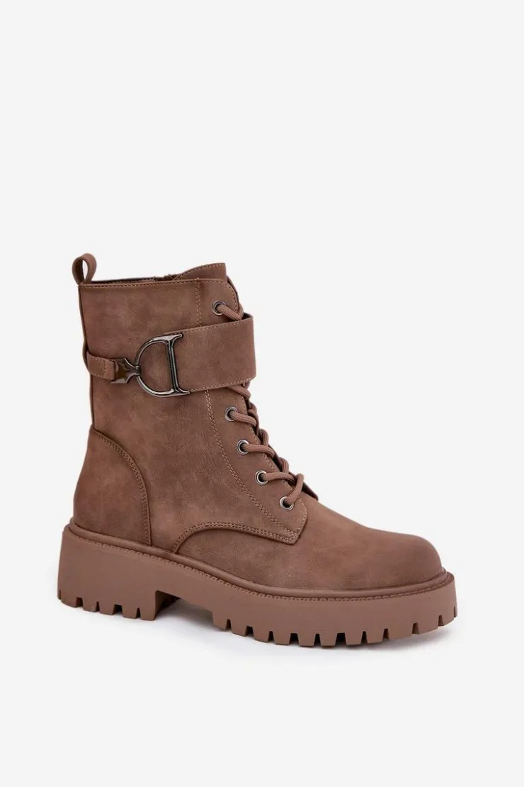 Boto Botki Ocieplane|Botki Sznurowane*Botki Workery Damskie Z Ocieplane Z Ozdobnym Paskiem Ciemnobeżowe Ulivine Beżowy