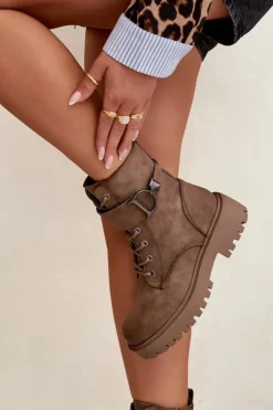 Boto Botki Ocieplane|Botki Sznurowane*Botki Workery Damskie Z Ocieplane Z Ozdobnym Paskiem Ciemnobeżowe Ulivine Beżowy