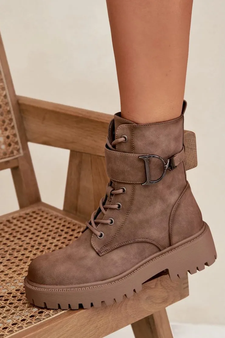 Boto Botki Ocieplane|Botki Sznurowane*Botki Workery Damskie Z Ocieplane Z Ozdobnym Paskiem Ciemnobeżowe Ulivine Beżowy