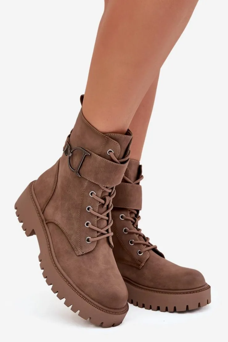 Boto Botki Ocieplane|Botki Sznurowane*Botki Workery Damskie Z Ocieplane Z Ozdobnym Paskiem Ciemnobeżowe Ulivine Beżowy