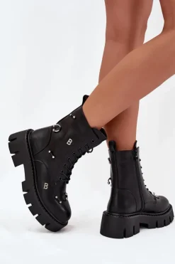 Damskie Boto Botki Workery Damskie Z Ozdobami Ocieplane Czarne Lunea