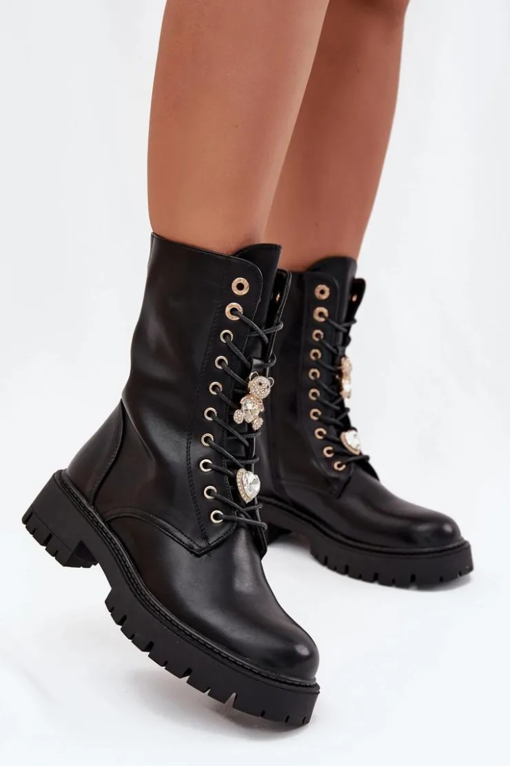 Damskie Boto Botki Workery Damskie Z Przypinkami Ocieplane Czarne Lomina