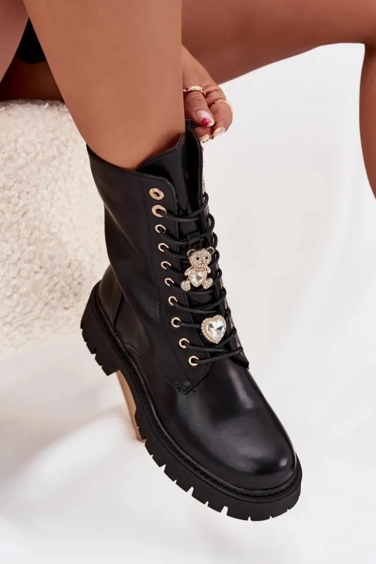 Damskie Boto Botki Workery Damskie Z Przypinkami Ocieplane Czarne Lomina