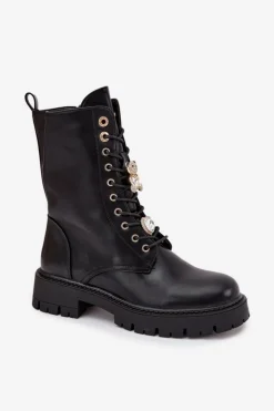 Damskie Boto Botki Workery Damskie Z Przypinkami Ocieplane Czarne Lomina