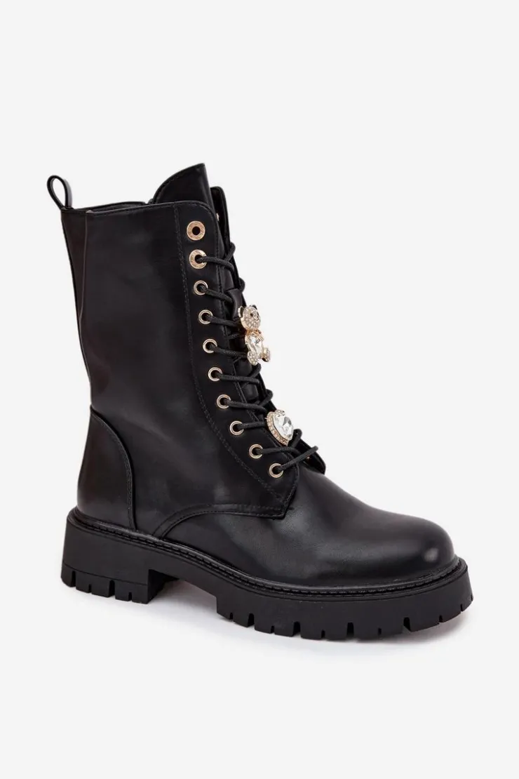 Damskie Boto Botki Workery Damskie Z Przypinkami Ocieplane Czarne Lomina