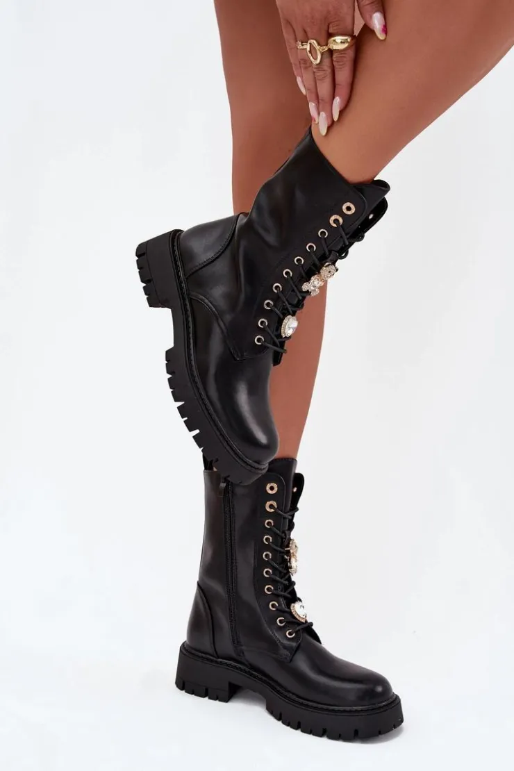 Damskie Boto Botki Workery Damskie Z Przypinkami Ocieplane Czarne Lomina