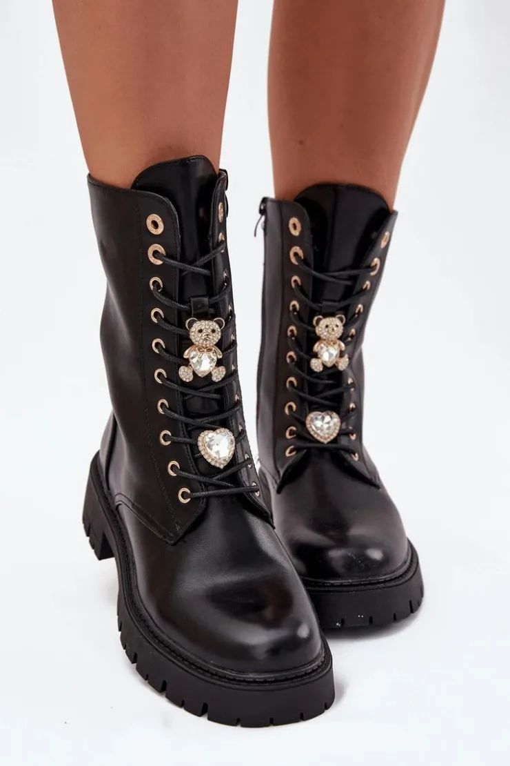 Damskie Boto Botki Workery Damskie Z Przypinkami Ocieplane Czarne Lomina