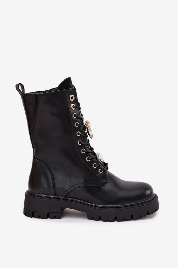 Damskie Boto Botki Workery Damskie Z Przypinkami Ocieplane Czarne Lomina