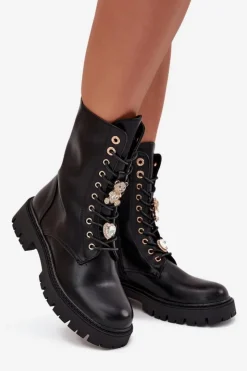 Damskie Boto Botki Workery Damskie Z Przypinkami Ocieplane Czarne Lomina