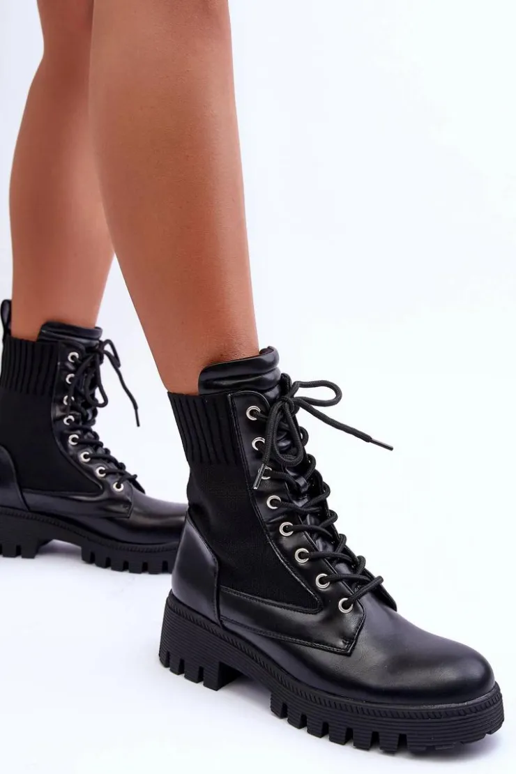 Boto Botki Sznurowane|Czarne Botki*Botki Workery Damskie Ze Skarpetą Czarne Melaste