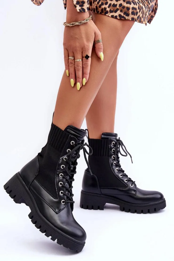 Boto Botki Sznurowane|Czarne Botki*Botki Workery Damskie Ze Skarpetą Czarne Melaste