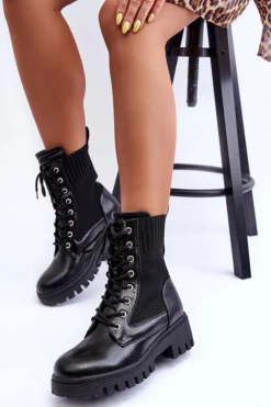 Boto Botki Sznurowane|Czarne Botki*Botki Workery Damskie Ze Skarpetą Czarne Melaste