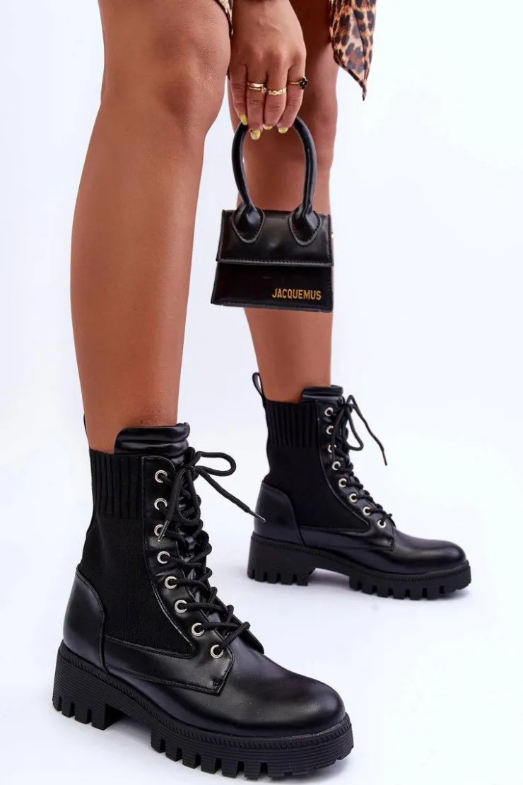 Boto Botki Sznurowane|Czarne Botki*Botki Workery Damskie Ze Skarpetą Czarne Melaste