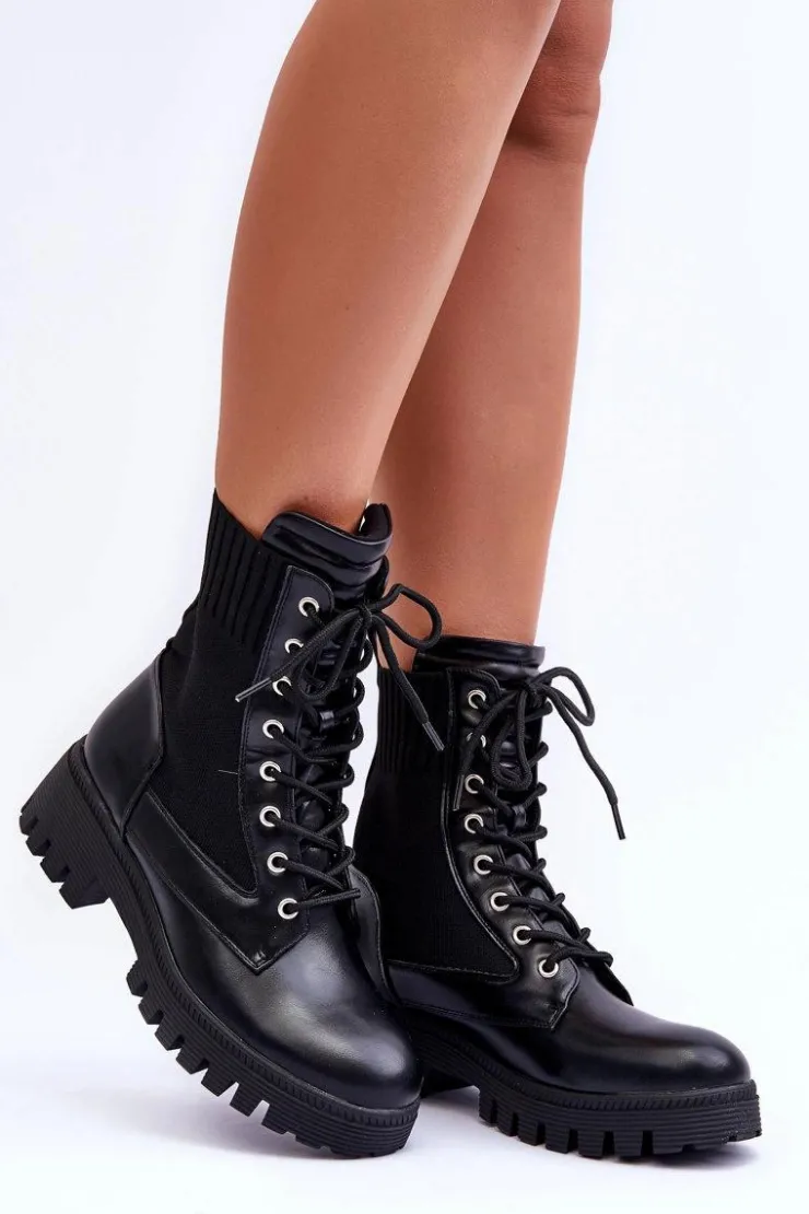 Boto Botki Sznurowane|Czarne Botki*Botki Workery Damskie Ze Skarpetą Czarne Melaste