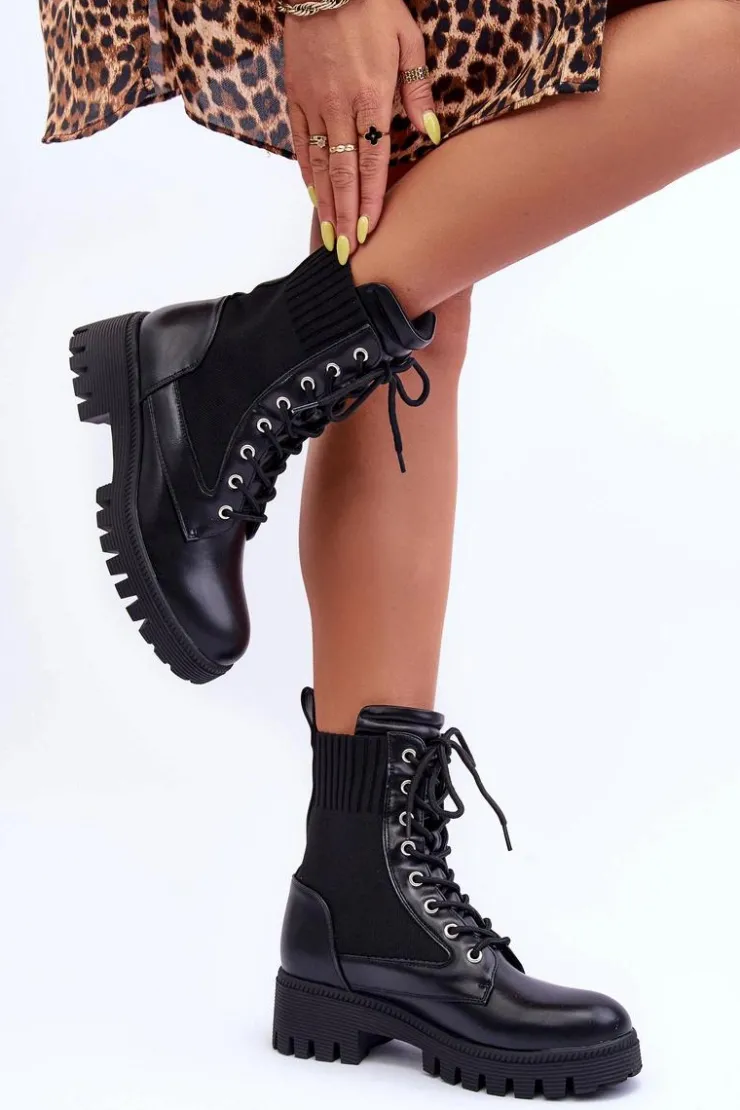 Boto Botki Sznurowane|Czarne Botki*Botki Workery Damskie Ze Skarpetą Czarne Melaste