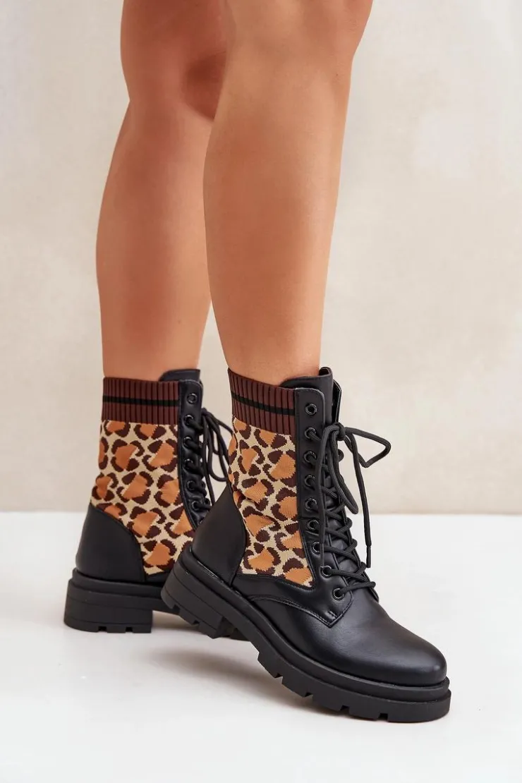 Sale Boto Botki Workery Damskie Ze Skarpetą W Panterkę Czarne Penthis Czarny