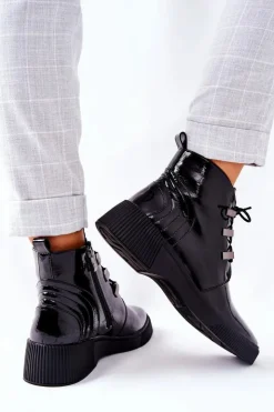 Damskie buty S.Barski Botki Sznurowane|Czarne Botki*Botki Workery Lakierowane Na Suwak Czarne Vica
