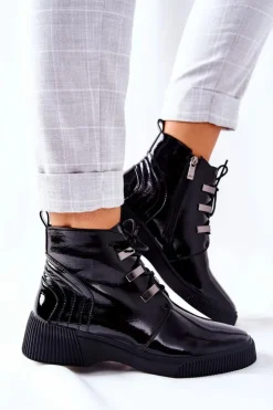Damskie buty S.Barski Botki Sznurowane|Czarne Botki*Botki Workery Lakierowane Na Suwak Czarne Vica