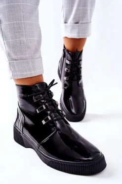 Damskie buty S.Barski Botki Sznurowane|Czarne Botki*Botki Workery Lakierowane Na Suwak Czarne Vica