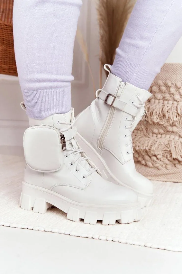 Discount Boto Botki Workery Na Platformie z Nerką Białe Saturday