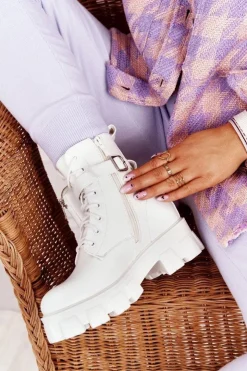 Discount Boto Botki Workery Na Platformie z Nerką Białe Saturday