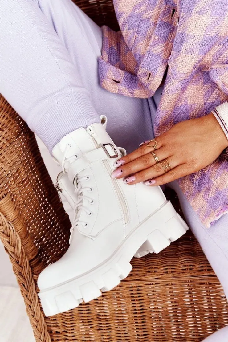 Discount Boto Botki Workery Na Platformie z Nerką Białe Saturday