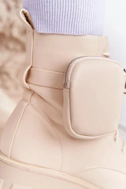 Boto Damskie Trapery|Botki Sznurowane*Botki Workery Na Platformie z Nerką Beżowe Saturday