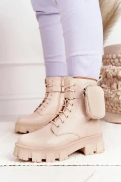 Boto Damskie Trapery|Botki Sznurowane*Botki Workery Na Platformie z Nerką Beżowe Saturday