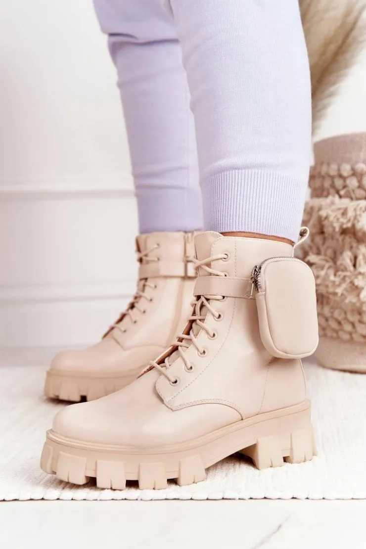 Boto Damskie Trapery|Botki Sznurowane*Botki Workery Na Platformie z Nerką Beżowe Saturday