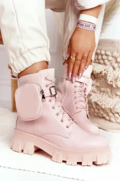 Boto Botki Wiosenne|Damskie Trapery*Botki Workery Na Platformie z Nerką Różowe Saturday