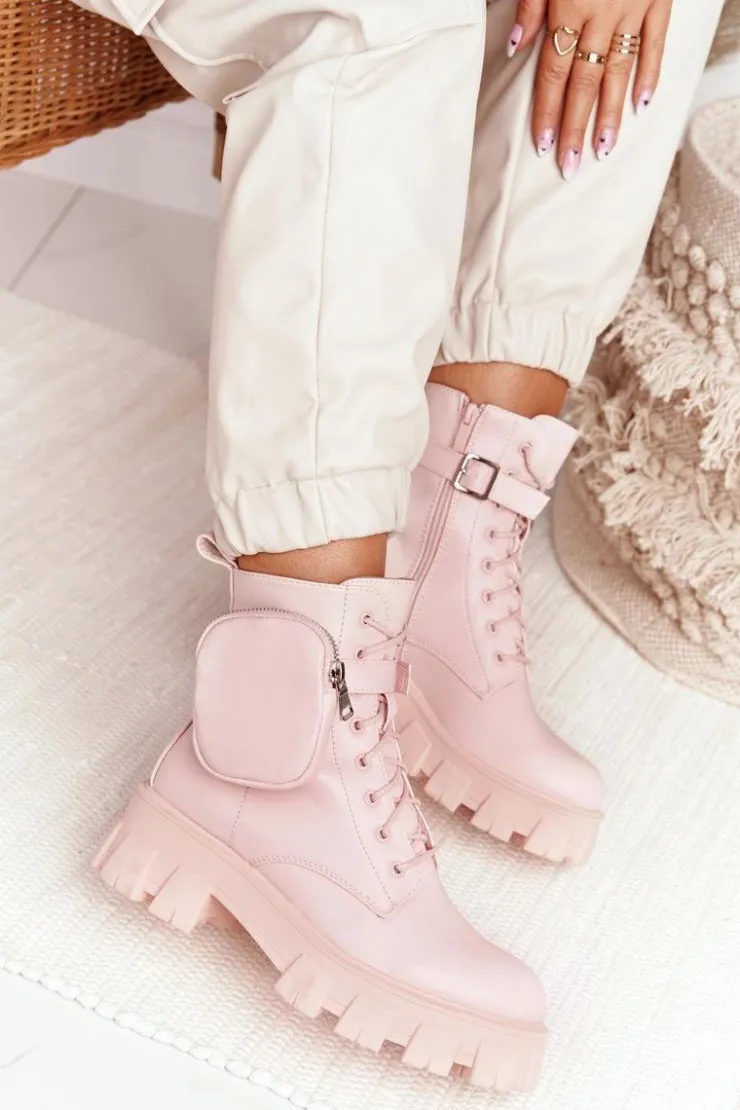 Boto Botki Wiosenne|Damskie Trapery*Botki Workery Na Platformie z Nerką Różowe Saturday