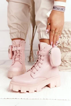 Boto Botki Wiosenne|Damskie Trapery*Botki Workery Na Platformie z Nerką Różowe Saturday