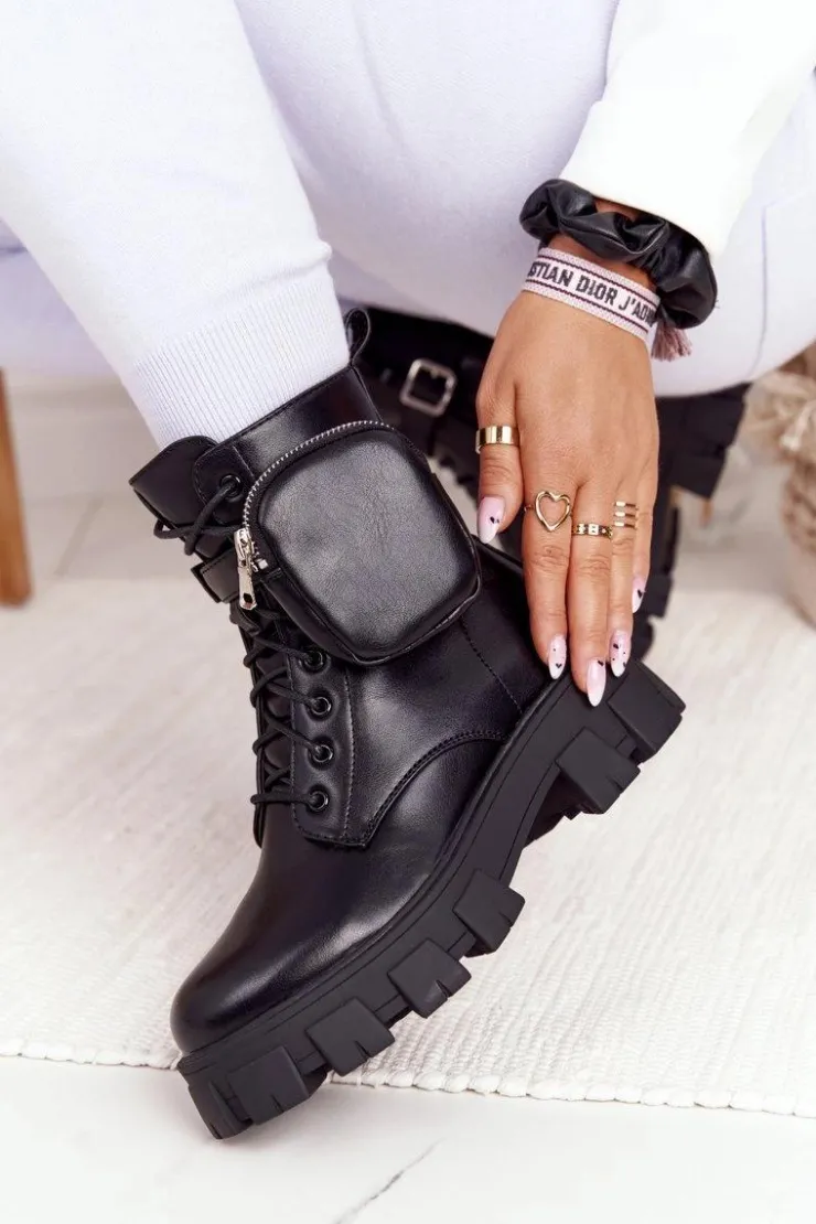 Boto Botki Wiosenne|Damskie Trapery*Botki Workery Na Platformie z Nerką Czarne Saturday