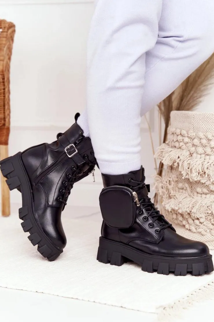 Boto Botki Wiosenne|Damskie Trapery*Botki Workery Na Platformie z Nerką Czarne Saturday