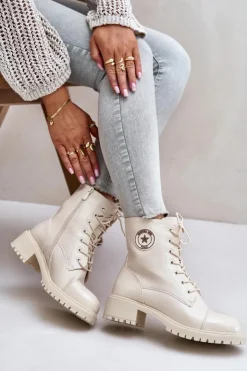 Damskie Boto Botki Workery Na Zamek Ocieplane Beżowe Soratta