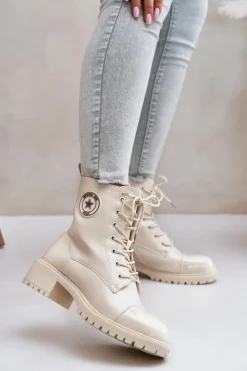 Damskie Boto Botki Workery Na Zamek Ocieplane Beżowe Soratta