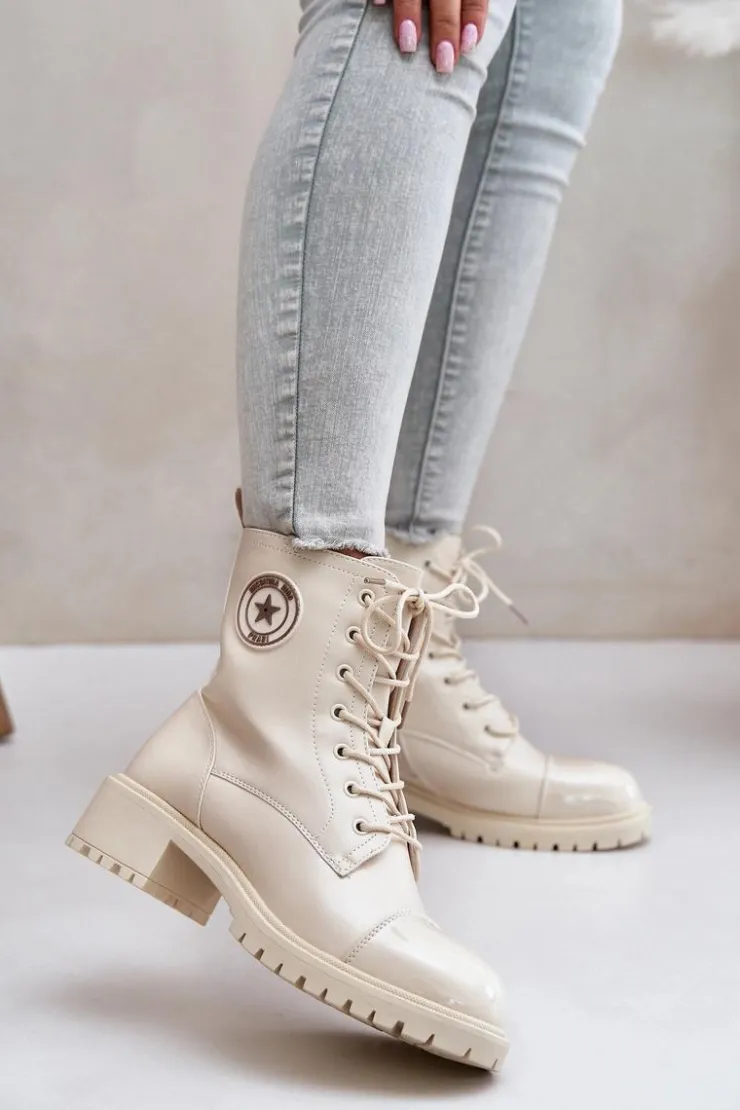 Damskie Boto Botki Workery Na Zamek Ocieplane Beżowe Soratta