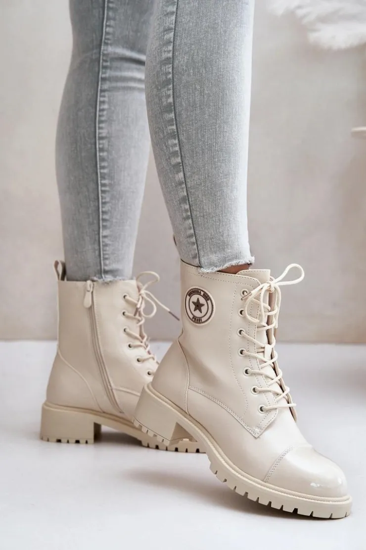 Damskie Boto Botki Workery Na Zamek Ocieplane Beżowe Soratta